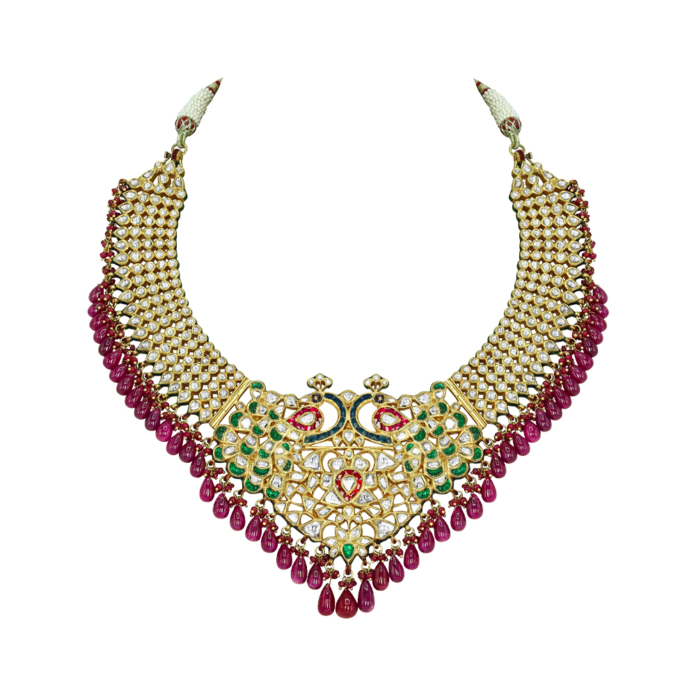 Necklace with Peacock Motifs, Polkis, and Ruby Drops